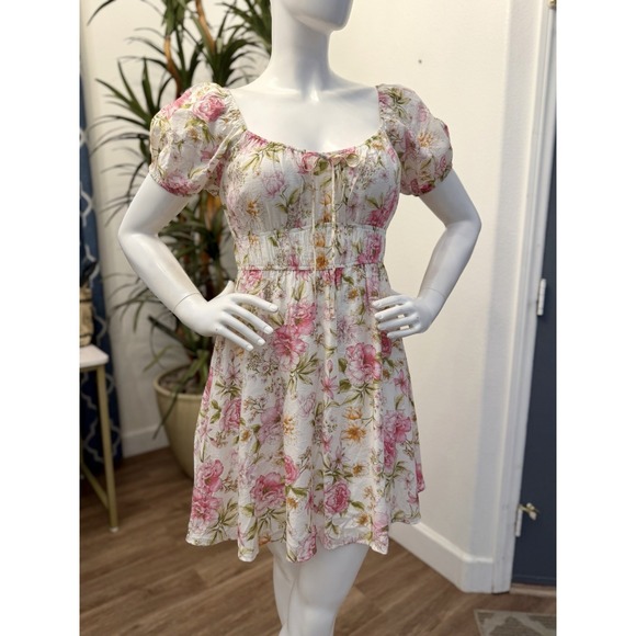 Blu Pepper Smocked Mini Dress L/8/10 Puff Sleeve Square Neck Fit & Flare Cottage - Picture 2 of 11